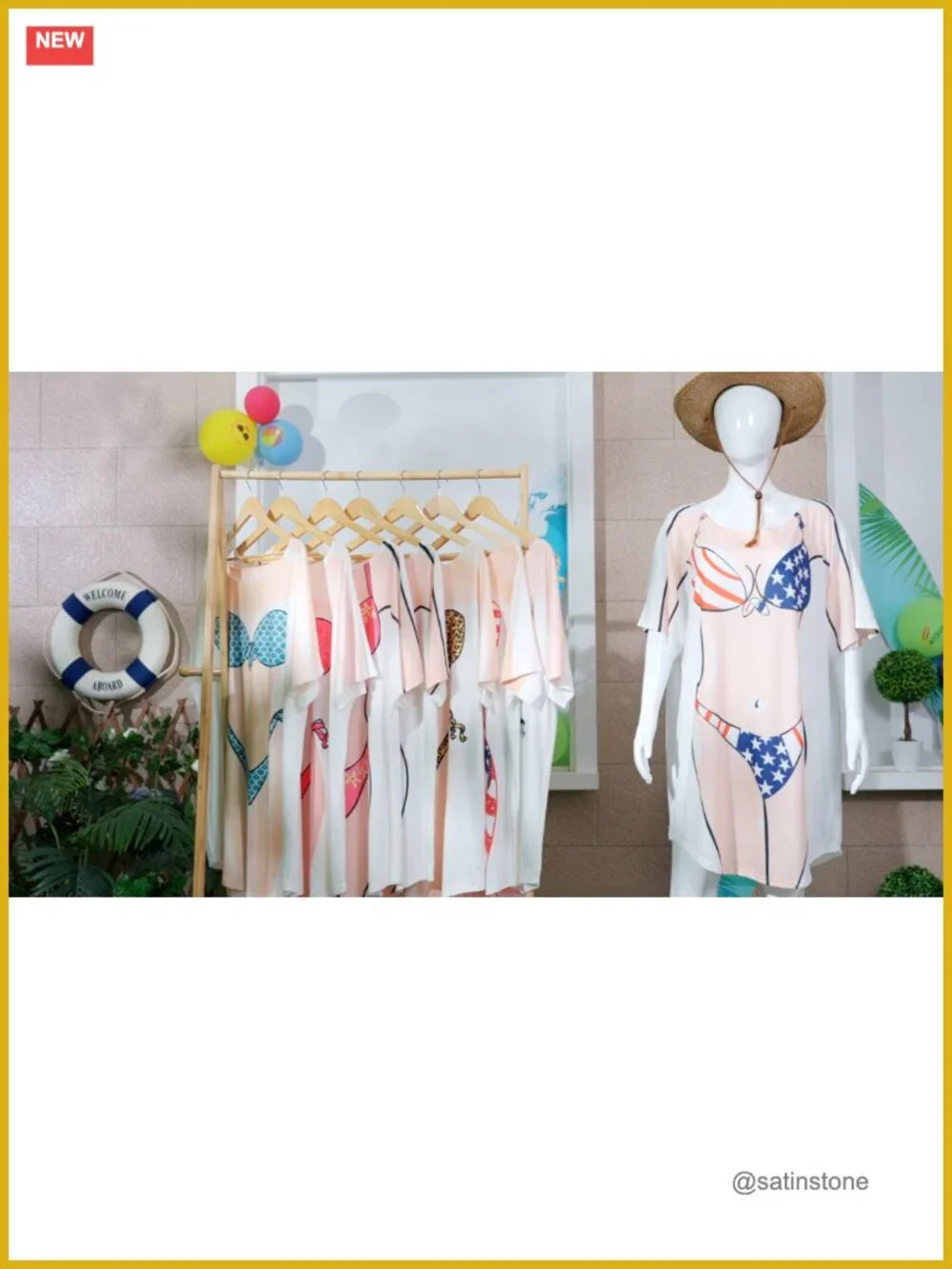 Cotton Bikini Cover Up Dress Short Sleeve Print Nightgown Baggy Swimwear Cover